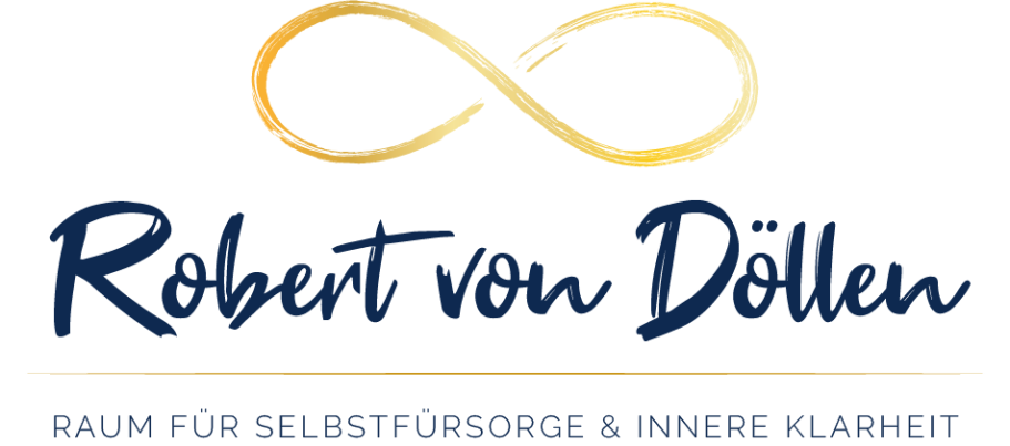 Logo zeigt ein warm-goldenes Unendlichkeitssymbol und den Namen Robert von Döllen, beides im Kalligraphie-Stil, darunter steht Raum für Selbstfürsorge und Innere Klarheit
